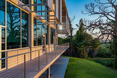 A side-angle, sunset view of the SPC Bay Pines building with trees in the background and Boca Ciega Bay beyond.