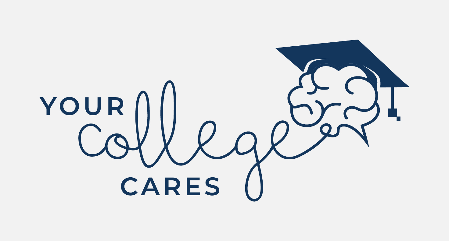 blue logo for your college cares, consisting of letters and a graphic brain wearing graduation cap