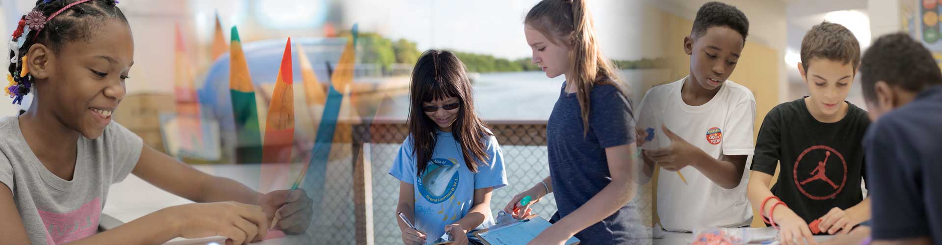 A collage of children: a girl drawing with colored pencils; 2 girls gathering data at the intra-coastal waterway;3 boys working on a project.