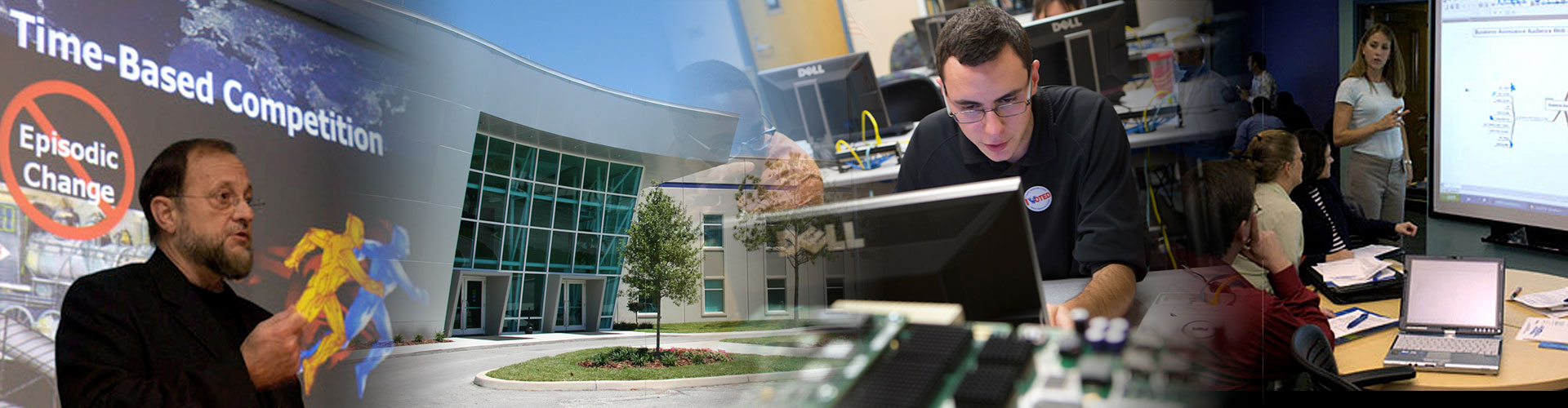 A collage of a male professor with a beard, wearing glasses, standing in front of a projector, teaching, the Epicenter building, a student wearing glasses and a black polo shirt working on a laptop, a female professor, wearing a white shirt and kahki pants, standing in front of a projector, teaching a group of students.