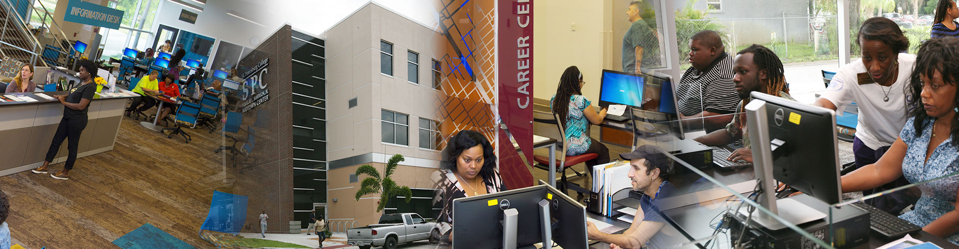 collage of images of students at the midtown campus in technology labs