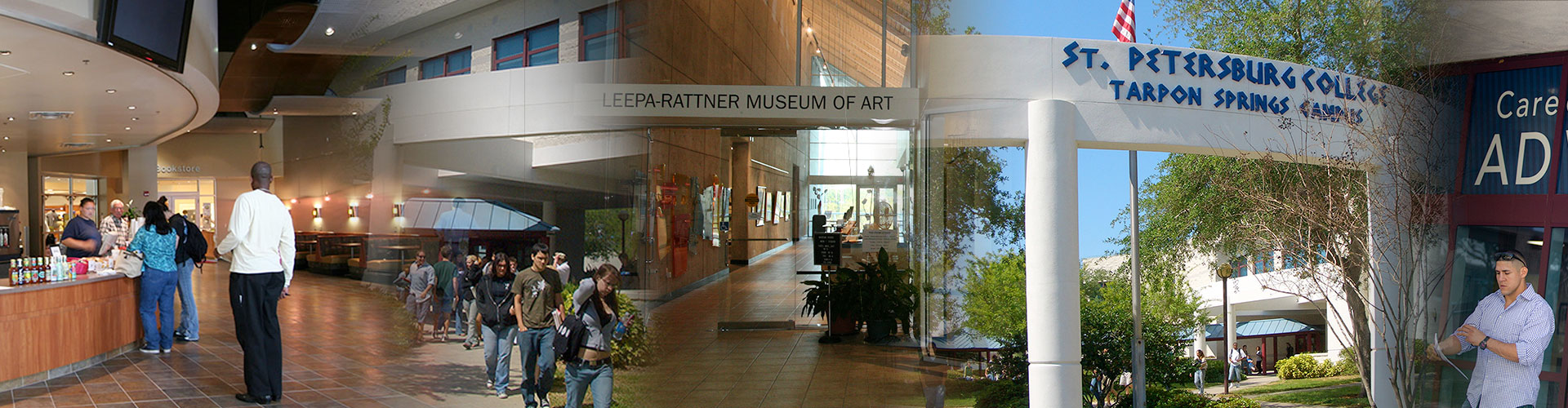 A collage of people standing at the Tarpon lunch counter, a group of many students walking on the Tarpon campus, the entrance of the Leepa Rattner Museum of Art, the entrance to the Tarpon campus.