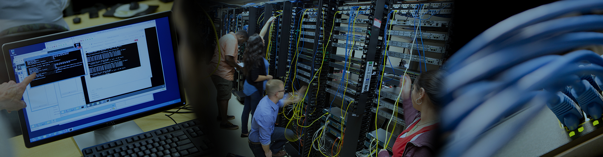 A collage including circuit boards, working in a command prompt and students working with racks of routers